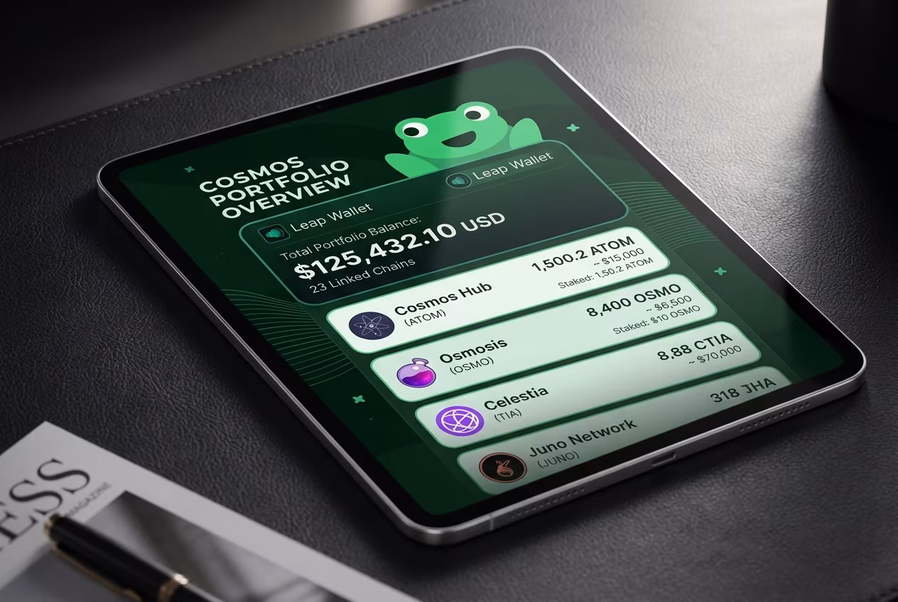 Leap Wallet interface showing Cosmos crypto portfolio